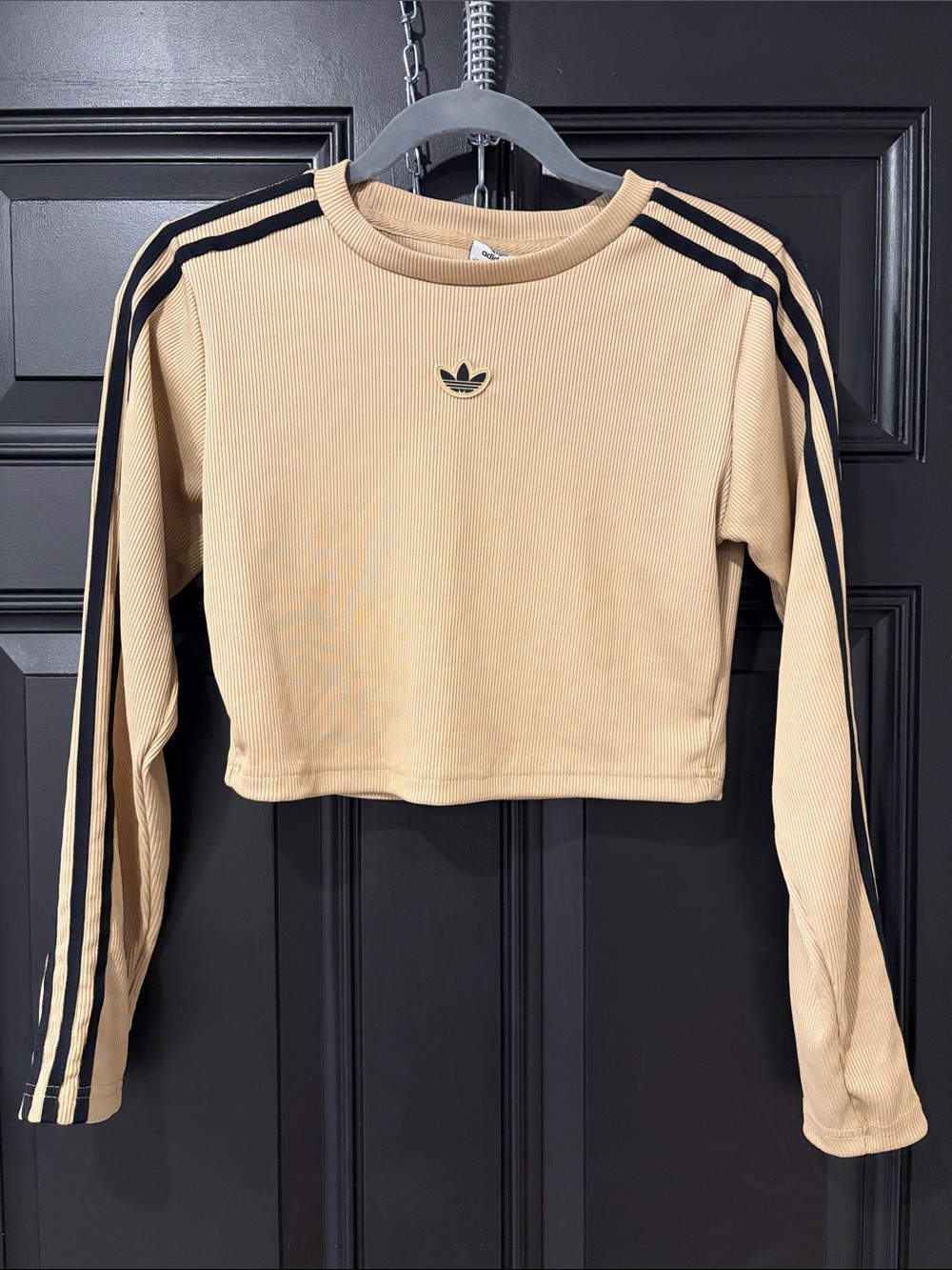 adidas Beige Cropped Ribbed Long Sleeve Top with Black Stripes